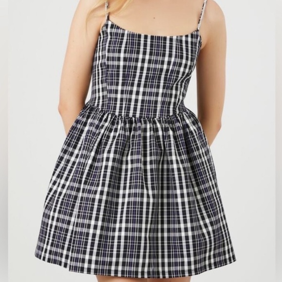 NWT Forever 21  Black White Purple Plaid Mini Short Dress Punk Rock Strappy 0X - Picture 1 of 8